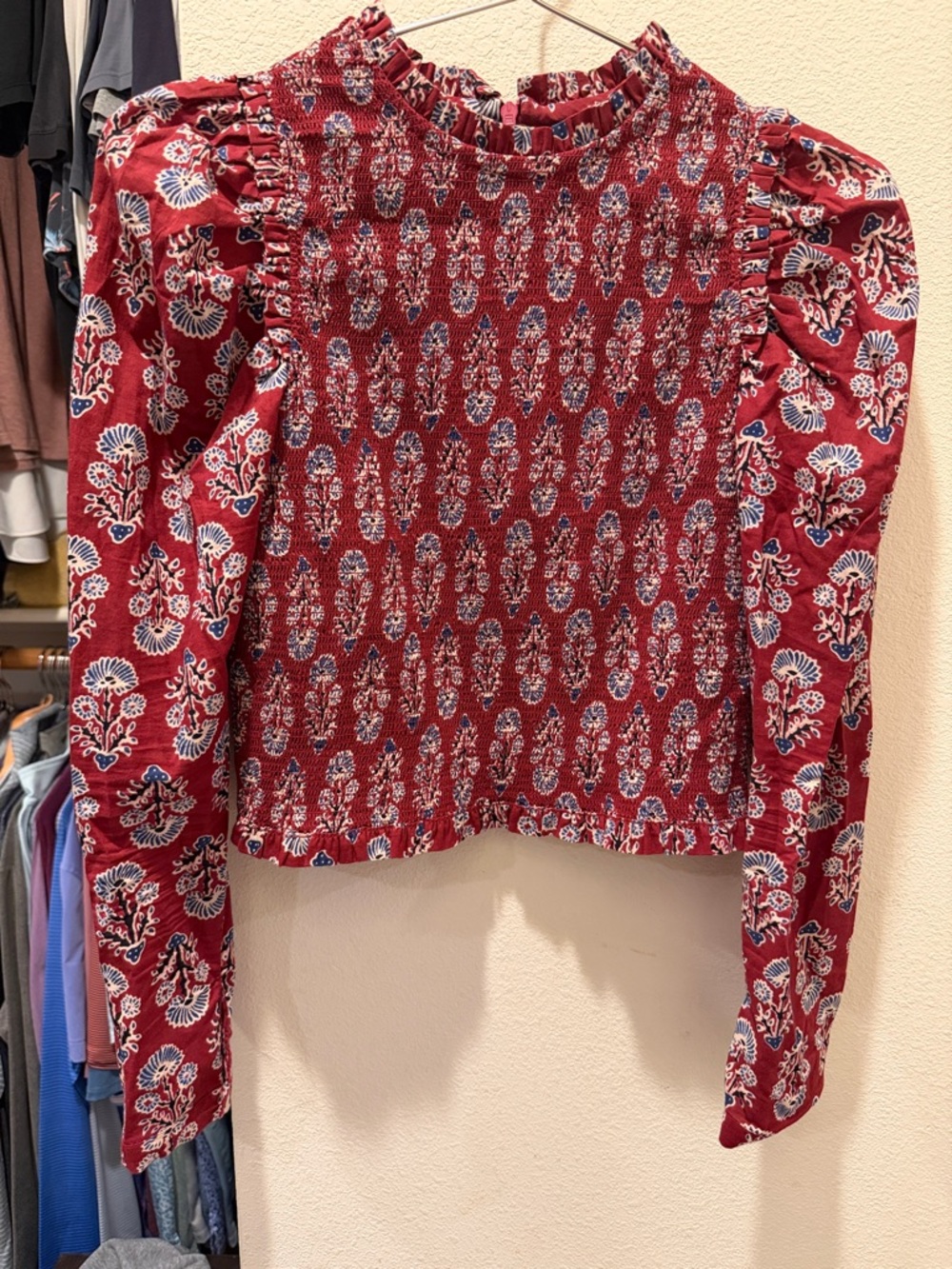 Alix of Bohemia Red Floral Smocked Long-Sleeve Top size XS